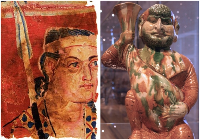 Слева направо: Солдат с кентавром на гобелене Сампула, шерстяная настенная драпировка, III–II века до н. э. Глазурованная в стиле сань-цай фигурка согдийца, китайская династия Тан, около 675-750 гг. н. э. Слева направо: Солдат с кентавром на гобелене Сампула, шерстяная настенная драпировка, III–II века до н. э. Глазурованная в стиле сань-цай фигурка согдийца, китайская династия Тан, около 675-750 гг. н. э.