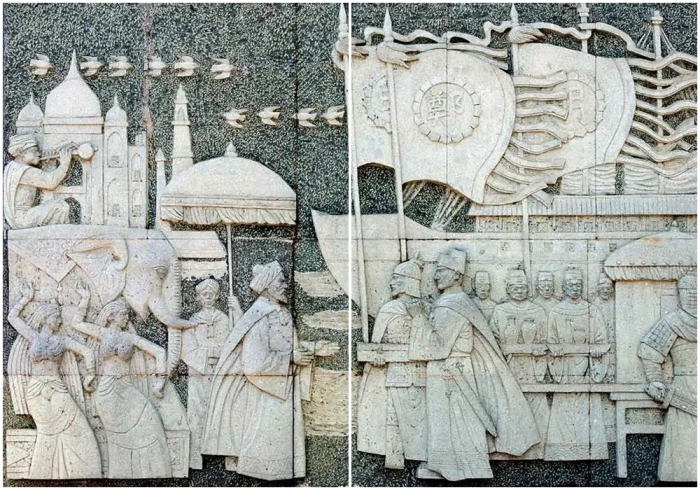 Фрагменты рельефа, изображающего адмирала Чжэн Хэ перед одним из его кораблей, приветствующего местного правителя в порту, парк Чжэн Хэ близ Куньмина. Фрагменты рельефа, изображающего адмирала Чжэн Хэ перед одним из его кораблей, приветствующего местного правителя в порту, парк Чжэн Хэ близ Куньмина.