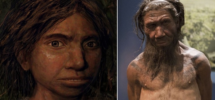 Девочка-денисовец и мужчина-денисовец. Реконструкция.