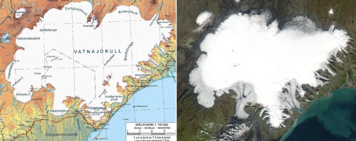 Ледник на карте и на изображении со спутника.