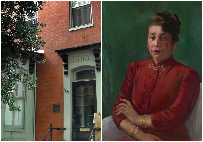Слева направо: Дом Альмы Томас в Вашингтоне, округ Колумбия, где Альма жила до своей смерти. Портрет Альмы Томас.