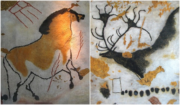 Слева направо: Лошадь из Ласко, точная копия в Брненском музее Антропос. Наскальный рисунок гигантского оленя в пещере Ласко.