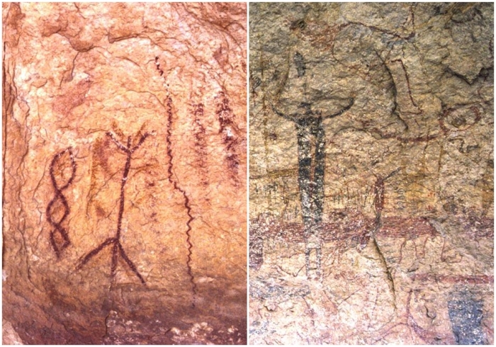 Слева направо: Крупный план красных линейных пиктограмм. Пиктограммы в стиле народов Пекоса в каньоне Гремучей змеи.