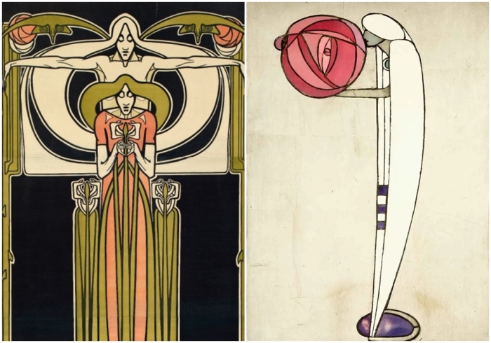 Слева направо: Плакат для Института изящных искусств Глазго, около 1895 года. Дизайн шкафа Чарльза Ренни Макинтоша, около 1902 года. Слева направо: Плакат для Института изящных искусств Глазго, около 1895 года. Дизайн шкафа Чарльза Ренни Макинтоша, около 1902 года.