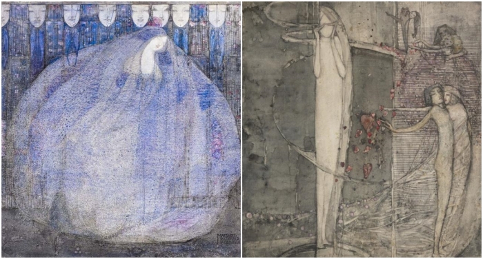 Слева направо: Таинственный сад, Маргарет Макдональд Макинтош, 1911 год. Сон, Фрэнсис Макдональд Макнейр, около 1908-11 года. Слева направо: Таинственный сад, Маргарет Макдональд Макинтош, 1911 год. Сон, Фрэнсис Макдональд Макнейр, около 1908-11 года.