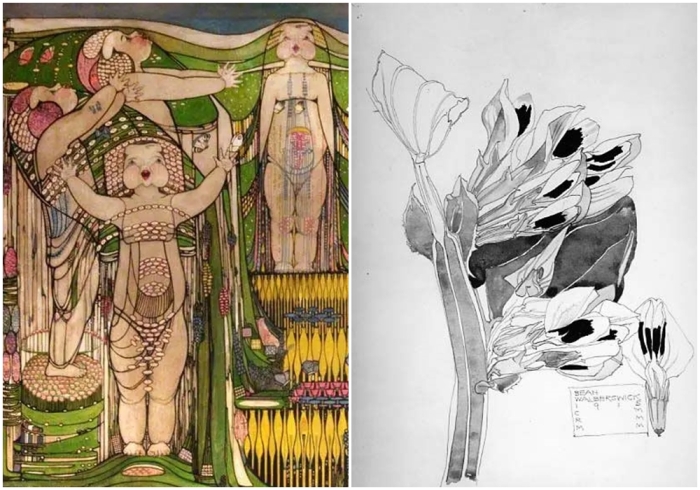 Слева направо: Маленькие холмы, Маргарет Макдональд Макинтош, 1914-15 годы. Чёрная фасоль, 1915 год. Слева направо: Маленькие холмы, Маргарет Макдональд Макинтош, 1914-15 годы. Чёрная фасоль, 1915 год.