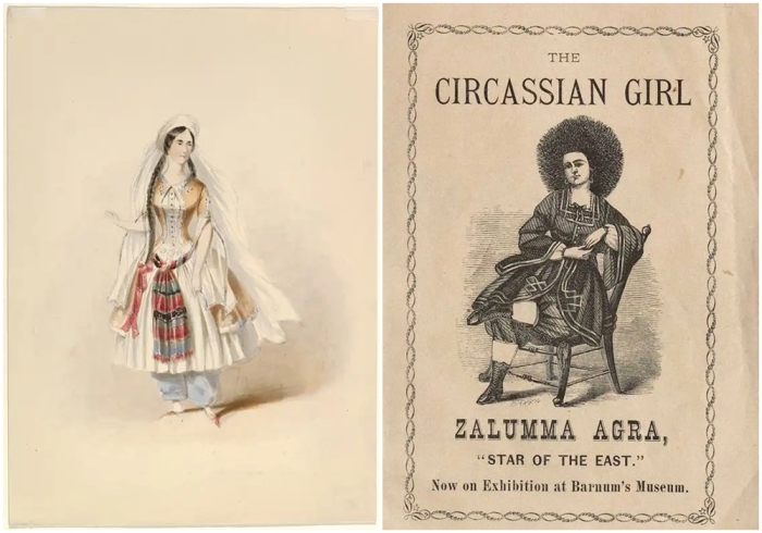 Слева направо: Этюд костюма, Похищении из Сераля, около 1830-1850 годов. Биографический очерк черкесской девушки Залуммы Агры, или Звезды Востока, 1873 год.
