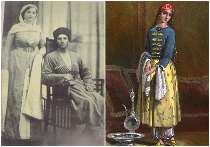 Слева направо: Жена и муж (черкесы), неизвестный автор, 1865 год. Черкесская леди, Эдмунд Спенсер, 1855 год.