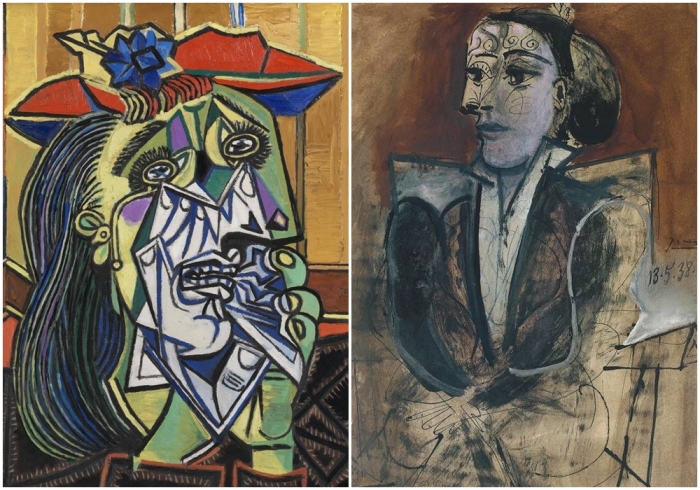 Слева направо: Плачущая женщина, Пабло Пикассо, 1937 год. Дора Маар сидит, Пабло Пикассо, 1938 год.