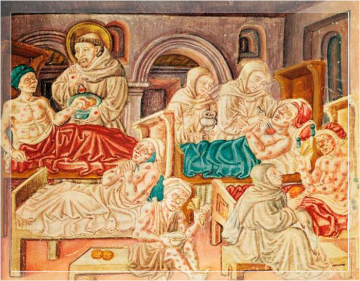 Святой Франциск Ассизский и другие, лечащие жертв проказы, из Ла Франчески, хроники Ордена францисканца Якопо Одди из Перуджи, около 1474 года.