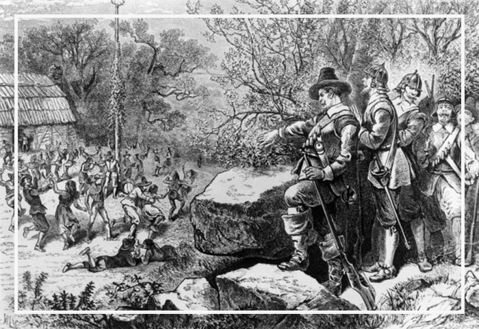 Пуритане из Плимутской колонии наблюдают за «аморальным» поведением жителей колонии Мерримаунт и их праздником Майского дерева, 1628 год.