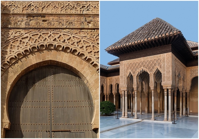Слева направо: Баб Удайя (внешний фасад), церемониальные главные ворота касбы Удайя, построенные около 1195 года альмохадским халифом Якубом аль-Мансуром. Львиный двор в Альгамбре в Гранаде, Испания, XIV век.