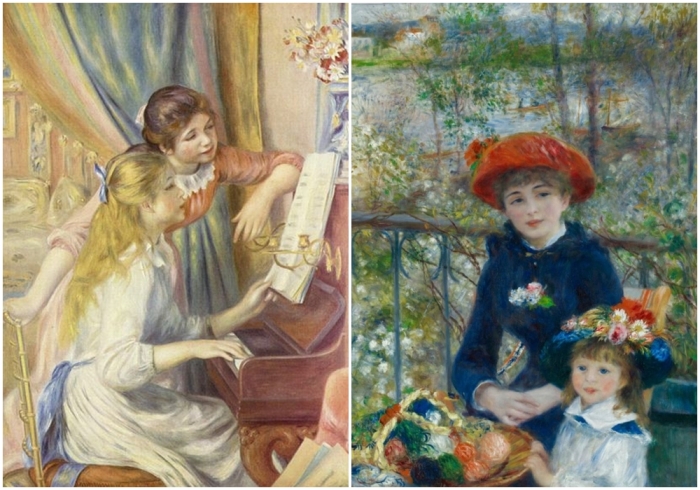 Слева направо: «Девушки за фортепьяно», Пьер Огюст Ренуар, 1892 год, Музей Орсе. «Две сестры (на террасе)», Пьер-Огюст Ренуар, 1881 год.