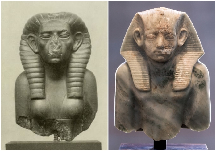 Слева направо: Статуя Себекнеферу. Аменемхет III, отец Себекнеферу.