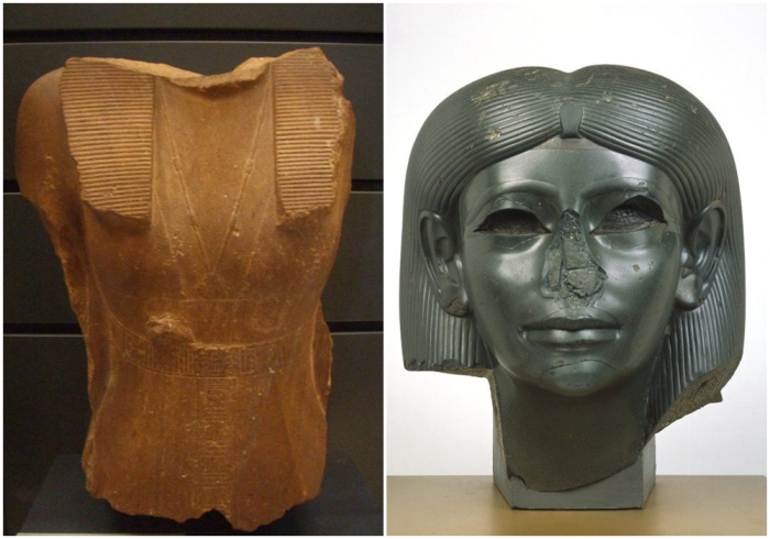 Слева направо: Бюст Себекнеферу. Голова женщины-сфинкса, около 1876-1842 годов до нашей эры.