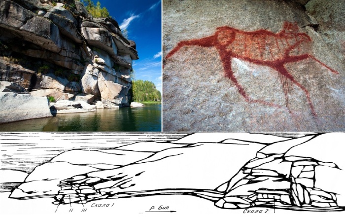 Рисунки нанесены охрой на отвесных скалах.
