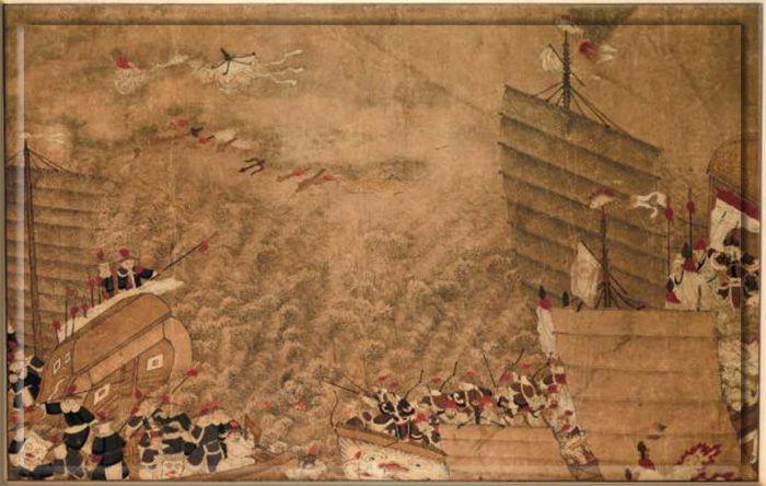 Иллюстрация XVIII века, показывающая морское сражение между японскими пиратами вако и китайским военным кораблём.