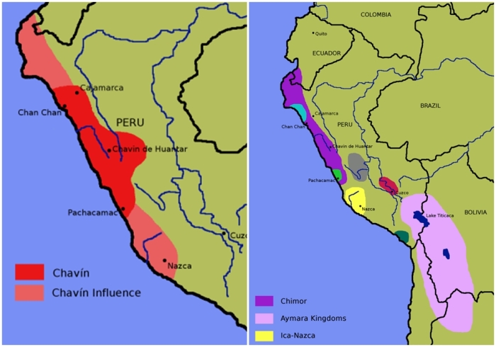 Слева направо: Область распространения (красный цвет) и влияния (розовый цвет) чавинской культуры. Андские культуры до инков, 14 век.