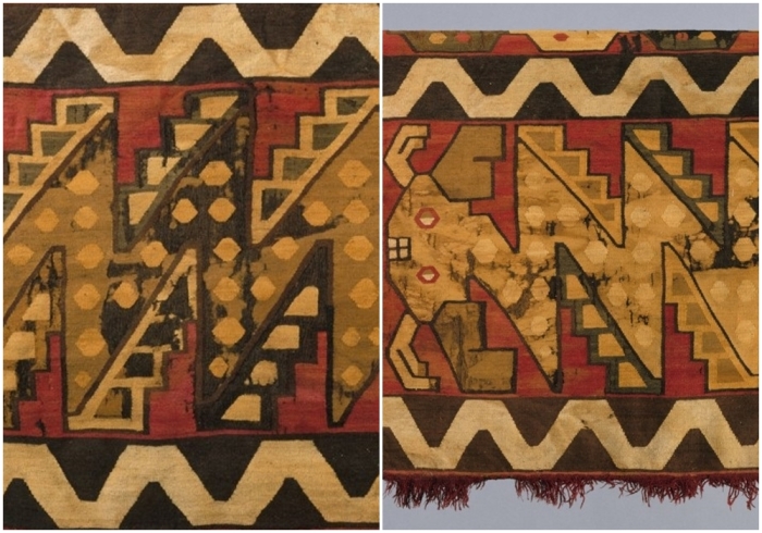 Фрагменты с изображением сома в перевёрнутой симметрии, культура Наска-Вари из Перу, около 800-850 гг. н.э.