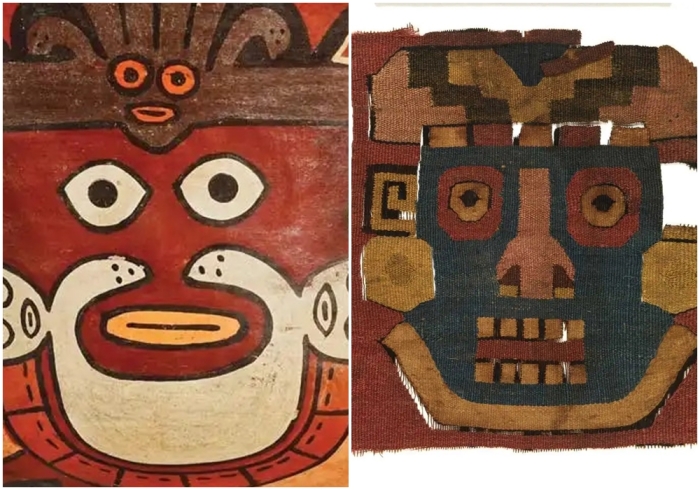 Слева направо: Керамический образец с изображенеим лица, около 100 г. н.э.-650 г. н.э. Пример изображения лица с прямым взглядом.