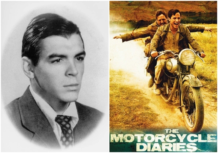 Слева направо: Молодой Че Гевара около 1950 года. Постер к фильму «Дневники мотоциклиста», 2004 год.