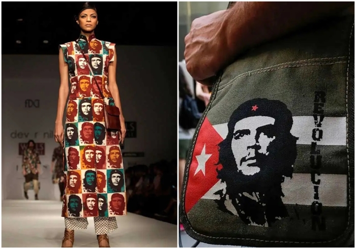 Слева направо: Платье с изображением Че Гевары, представленное на подиуме. Че Гевара как символ борьбы с капитализмом.