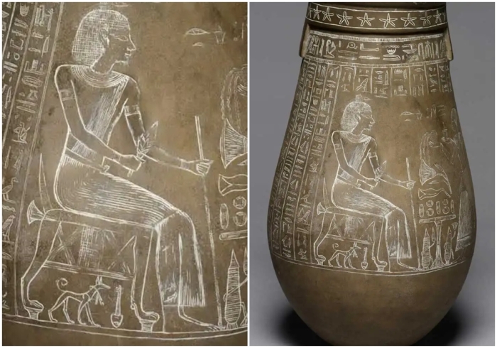 Птолемеевская статуя, изображающая собаку по кличке Нефер, что означает Прекрасная, и её владельца, 305-30 годы до н.э.