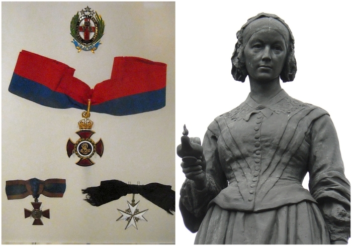 Слева направо: Медали Флоренс Найтингейл. Памятник Флоренс Найтингейл.