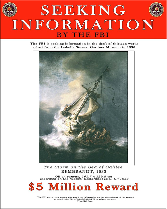 Плакат ФБР «В поисках информации» для украденной картины Рембрандта «Буря на Галилейском море».