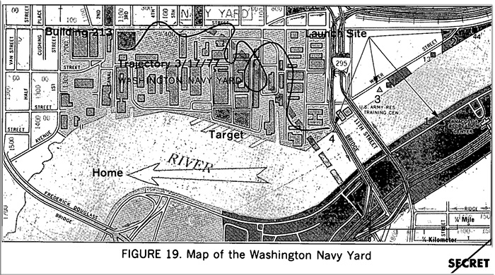 На этой карте Военно-морской верфи и окрестностей в Вашингтоне, округ Колумбия, показан извилистый путь голубя-шпиона.