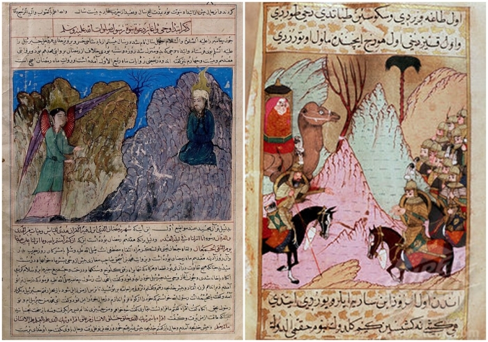Слева направо: Призыв Мухаммеда к пророчеству и первое откровение от Маджму ат-Тавариха, ок. 1425 года. Вдова Мухаммеда, Аиша, сражается с четвёртым халифом Али в Верблюжей битве (миниатюра шестнадцатого века).
