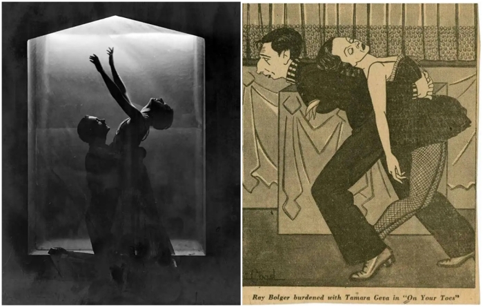 Слева направо: Клифтон Уэбб и Тамара Жева в театральных постановках, 1930 год. Постер фильма На цыпочках, 1937 год.