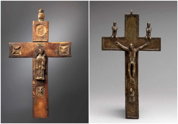 Слева направо: Крест со святым Антонием Падуанским, XVI-XVIII века (подвеска) и XIX век (крест). Распятие Конго, XVIII или XIX век.