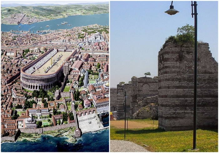 Слева направо: Реконструкция Константинополя в 1200 году. Участок Феодосийских стен, примыкающий к стенам Влахерны, с дворцом Порфирородных на заднем плане, как они выглядят сегодня в пригороде Стамбула.