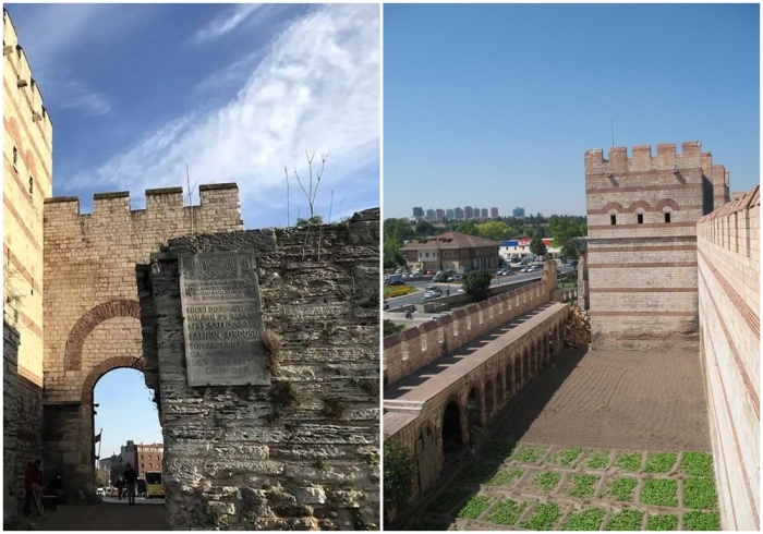 Слева направо: Ворота Топкапы, известные византийцам как ворота Святого Романа, где пушки Мехмеда II пробили Феодосийские стены в 1453 году. Фотография периболоса, пространства между внутренней и внешней стенами.