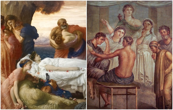 Слева направо: Фрагмент картины Геркулес, борющийся со смертью за тело Алкестиды, Фредерик Лорд Лейтон. Адмет и Алкестида, античная фреска из Помпей.