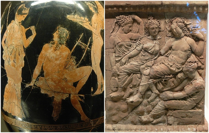 Слева направо: Афродита и Адонис, краснофигурный аттический арибаллиск лекиф, около 410 год до нашей эры. Один из двух алтарей, посвящённых Афродите и Адонису, изготовленных в Тарасе, Южная Италия, 400-375 годы до нашей эры.