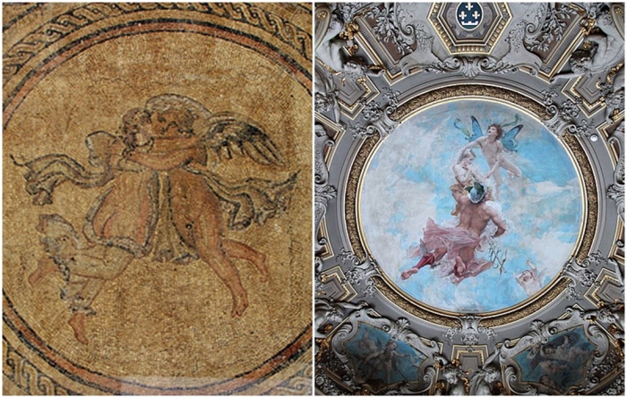Слева направо: Эрос и Психея, мозаика римского периода, найденная на вилле в Кордове (Испания). Похищение Психеи, Поль Жак Эме Бодри, 1885 год.