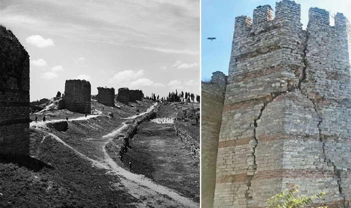 Старинные стены города, пострадавшие от землетрясений. Фотографии разных лет.