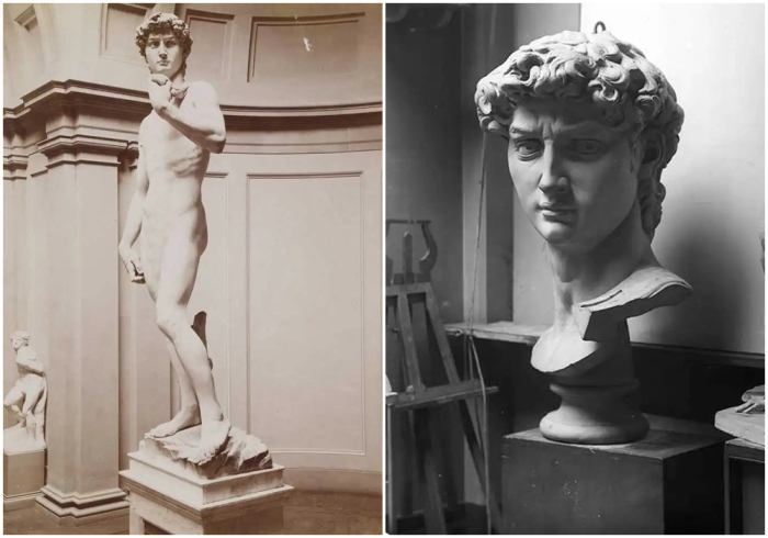 Слева направо: Давид работы Микеланджело, 1504 год. Негатив слепка головы Давида Микеланджело, 1881 год.