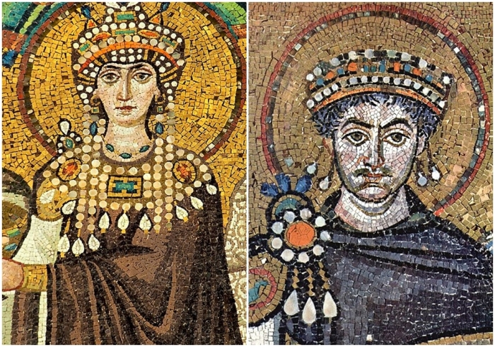 Слева направо: Изображение Феодоры с портретной мозаики в базилике Сан-Витале, Равенна. Император Юстиниан, мозаика в базилике Сан-Витале (деталь), Равенна.