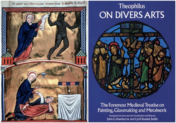 Слева направо: Знаменитый «Псалтырь королевы Ингеборг», около 1195 года, Музей Конде, Шантийи. Средневековый трактат Теофила о различных искусствах, 1125 год нашей эры.