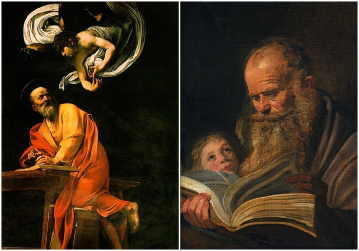 Слева направо: «Святой Матфей и ангел», Караваджо. Святой Матфей, Франс Халс, 1625 год.