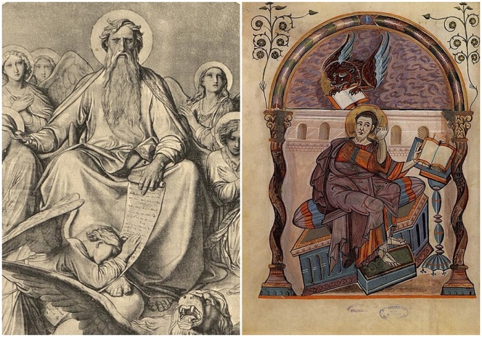 Слева направо: «Евангелист Марк» (эскиз для Исаакиевского собора 1840-х гг.), Фёдор Антонович Бруни. Евангелист Марк (миниатюра Codex Aureus, 778—820 гг.).