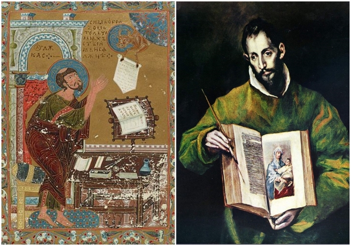 Слева направо: Евангелист Лука и его символ, телец, на странице Остромирова евангелия. Евангелист Лука, Эль Греко.
