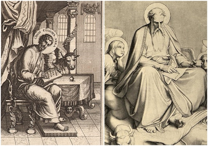 Слева направо: Евангелист Лука, 1711, бумага, офорт, неизвестный гравёр (Москва). Евангелист Лука (эскиз для Исаакиевского собора), Ф.А. Бруни, 1840-е гг.