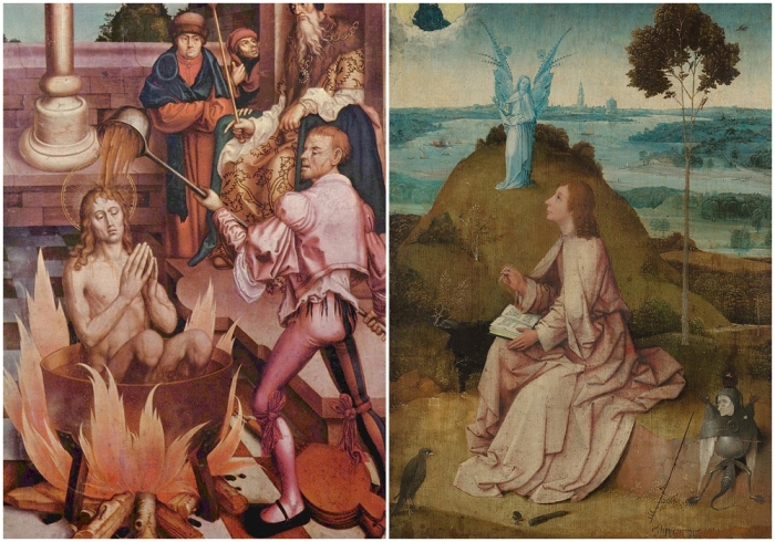 Слева направо: Иоанн Богослов в кипящем масле (Ханс Фрис, 1514 год). Иоанн на острове Патмос (Иероним Босх, 1504—1505 годы).
