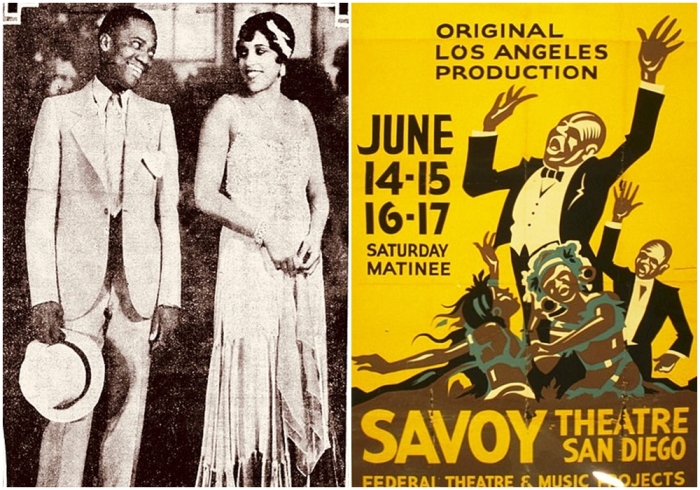 Слева направо: Мультиталантливые Аделаида Холл и Билл Боджанглз Робинсон в музыкальной комедии «Коричневые приятели на Бродвее», 1930 год. Плакат мюзикла Run, Little Chillun.