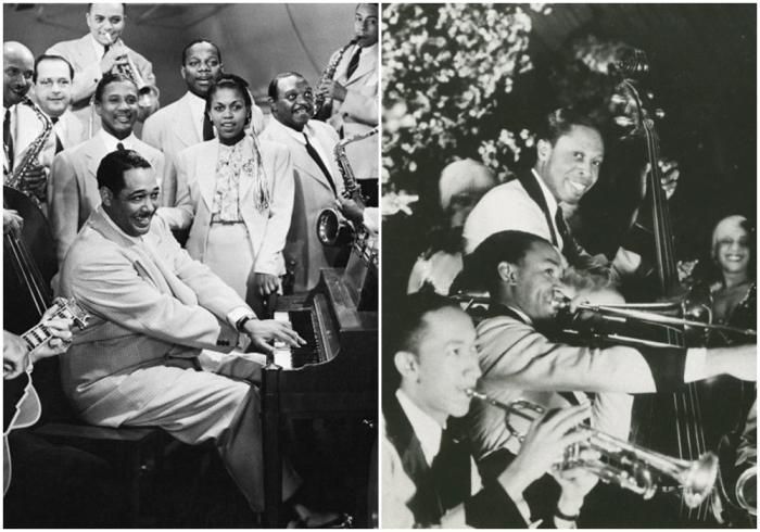 Слева направо: Джазовый музыкант и дирижёр оркестра Дюк Эллингтон играет на фортепиано с другими джазовыми музыкантами. Группа джазовых участников, дирижируемая Кэбом Кэллоуэй.