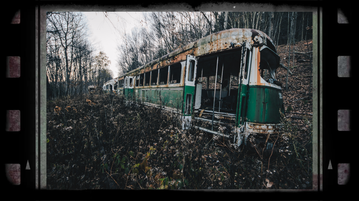 Заброшенные трамваи. в американском лесу.